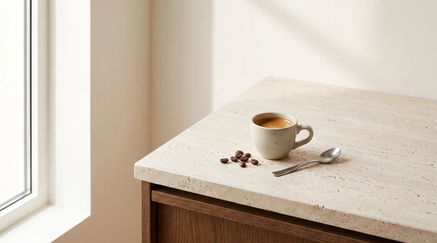 A small espresso cup and preparation tools on the pale stone coffee counter. A small espresso cup and preparation tools on the pale stone coffee counter.