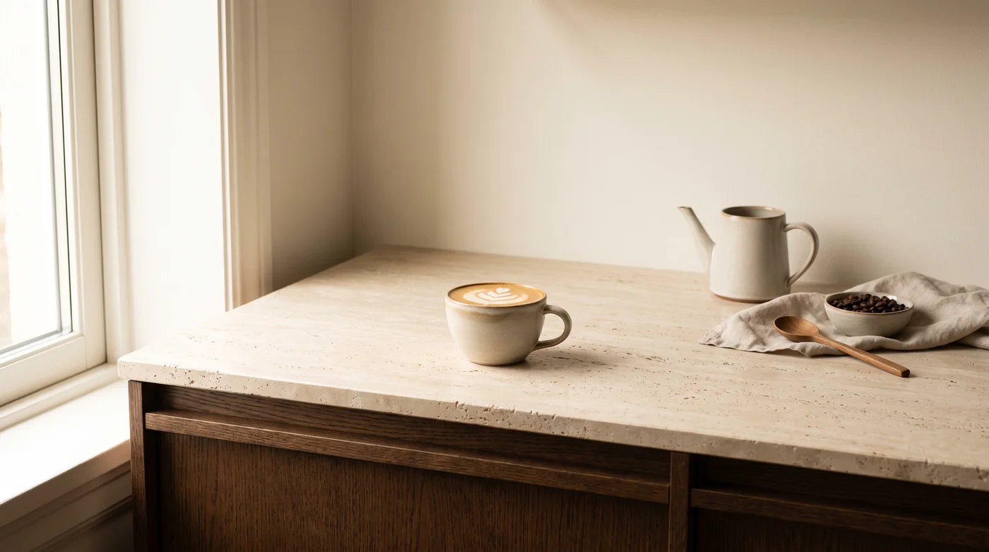 A milk-coffee serving illustration beside a pitcher on the pale stone counter. A milk-coffee serving illustration beside a pitcher on the pale stone counter.