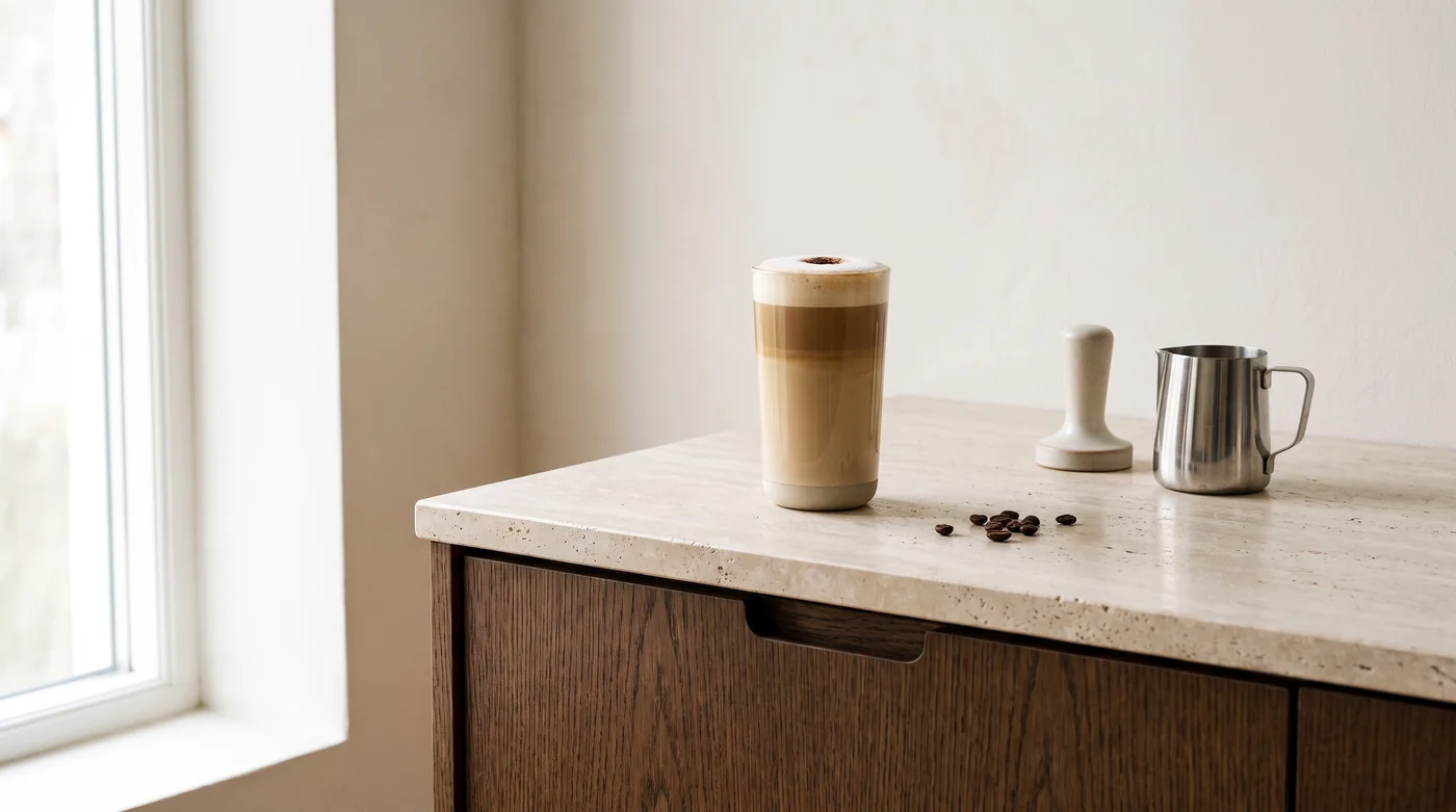 A milk-coffee serving illustration beside a pitcher on the pale stone counter. A milk-coffee serving illustration beside a pitcher on the pale stone counter.