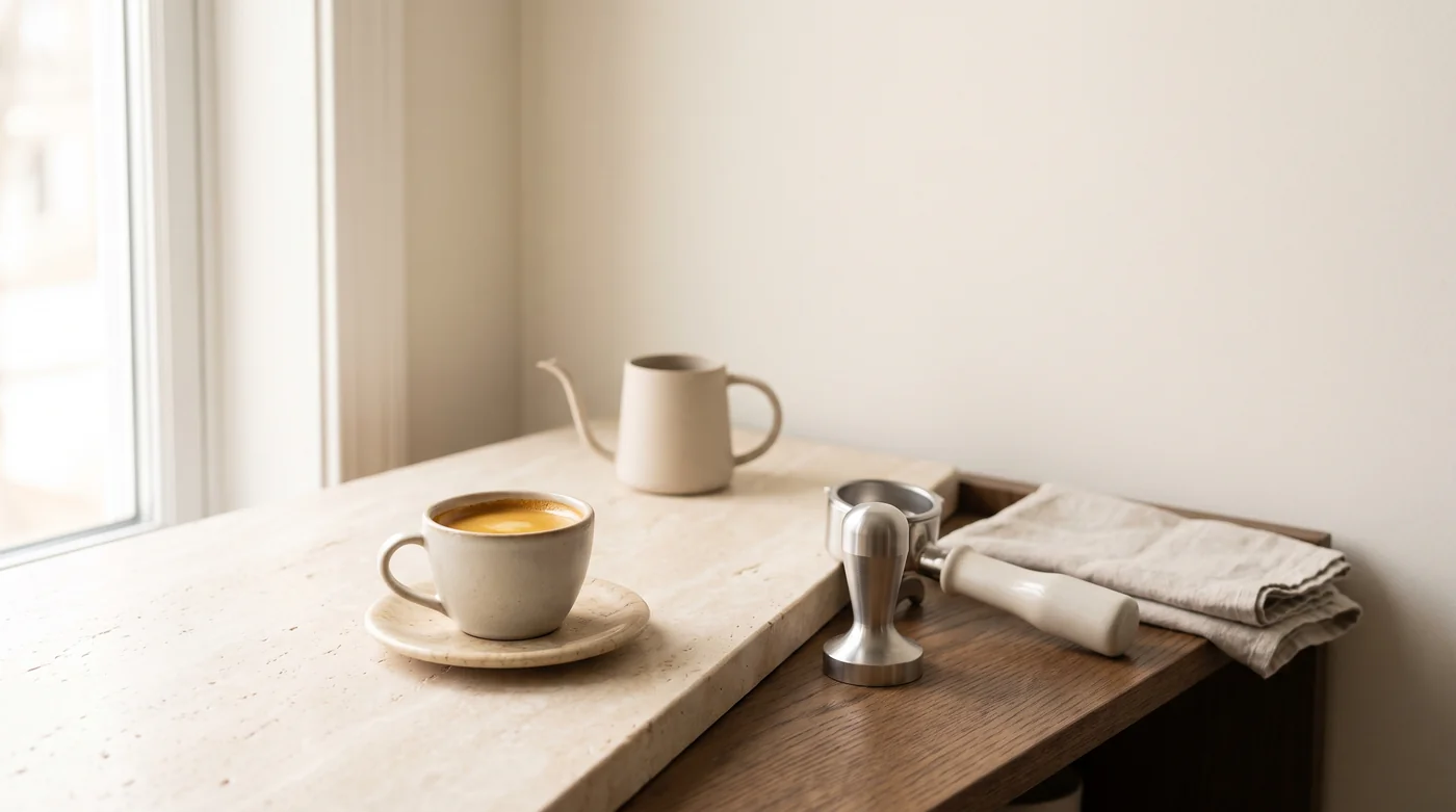 A small espresso cup and preparation tools on the pale stone coffee counter. A small espresso cup and preparation tools on the pale stone coffee counter.