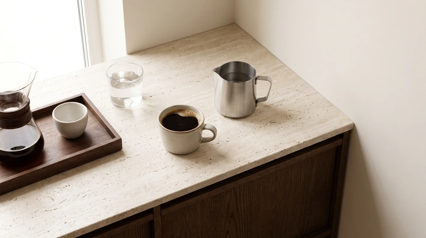 A cup of black coffee beside a pitcher on the pale stone counter. A cup of black coffee beside a pitcher on the pale stone counter.