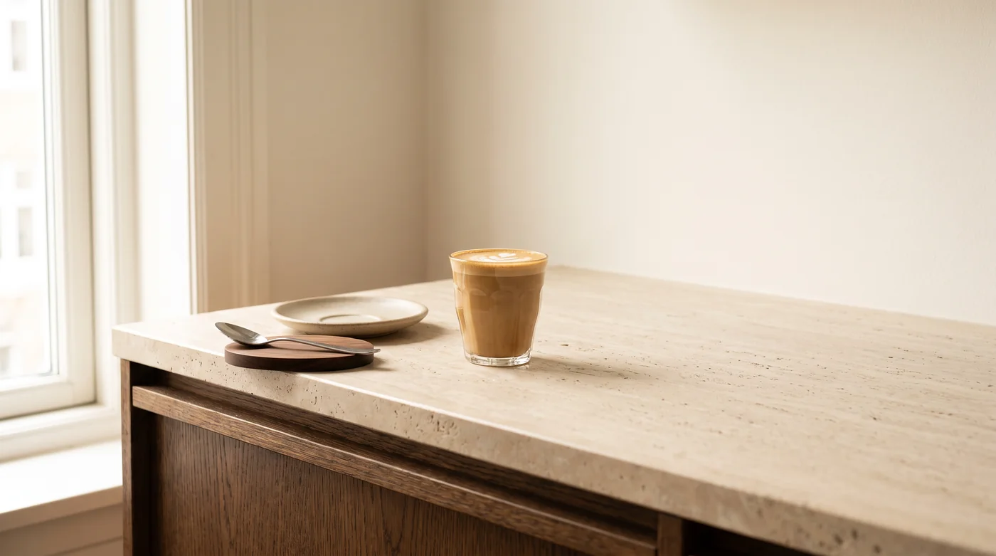 A milk-coffee serving illustration beside a pitcher on the pale stone counter. A milk-coffee serving illustration beside a pitcher on the pale stone counter.
