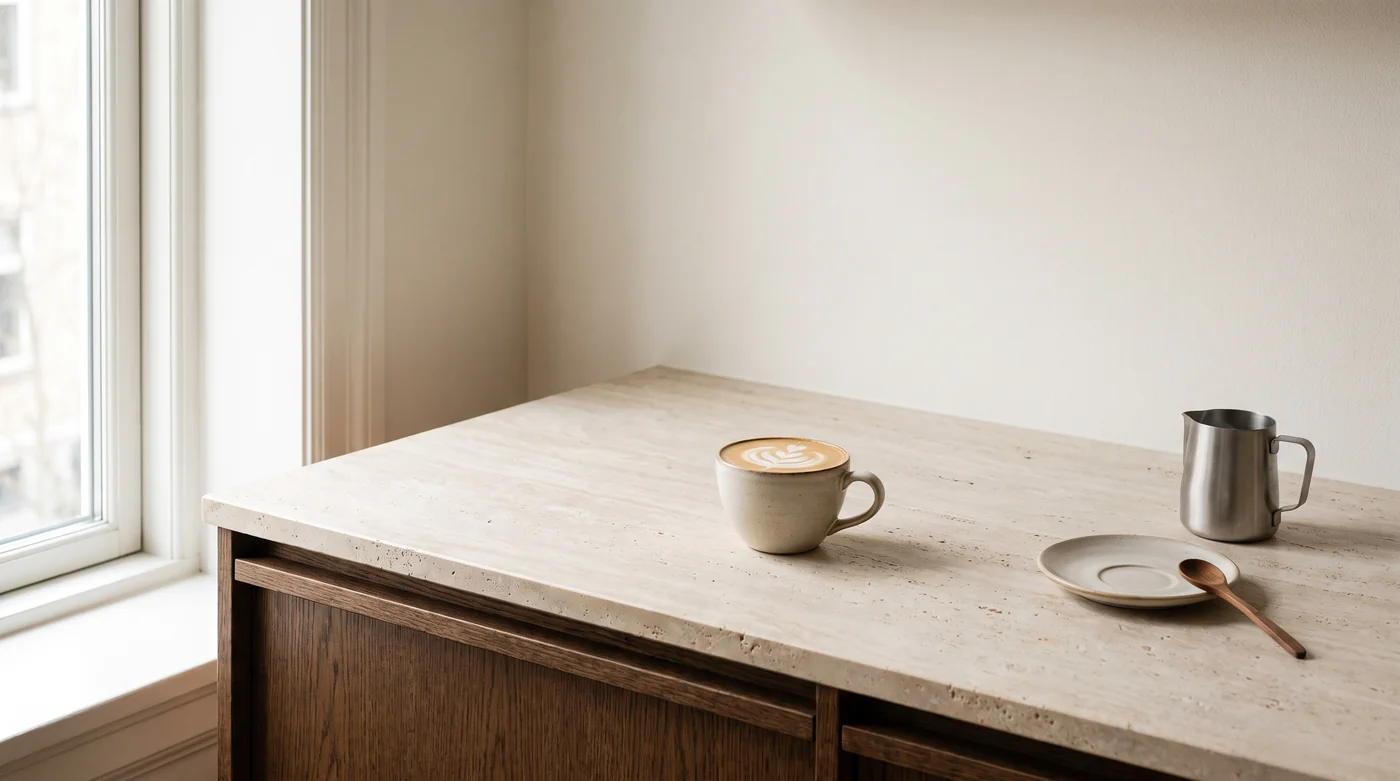 A milk-coffee serving illustration beside a pitcher on the pale stone counter. A milk-coffee serving illustration beside a pitcher on the pale stone counter.