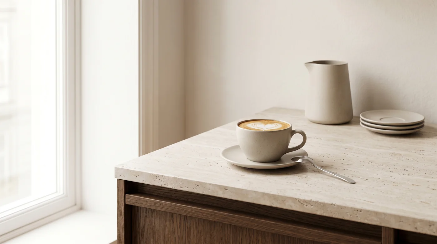 A milk-coffee serving illustration beside a pitcher on the pale stone counter. A milk-coffee serving illustration beside a pitcher on the pale stone counter.