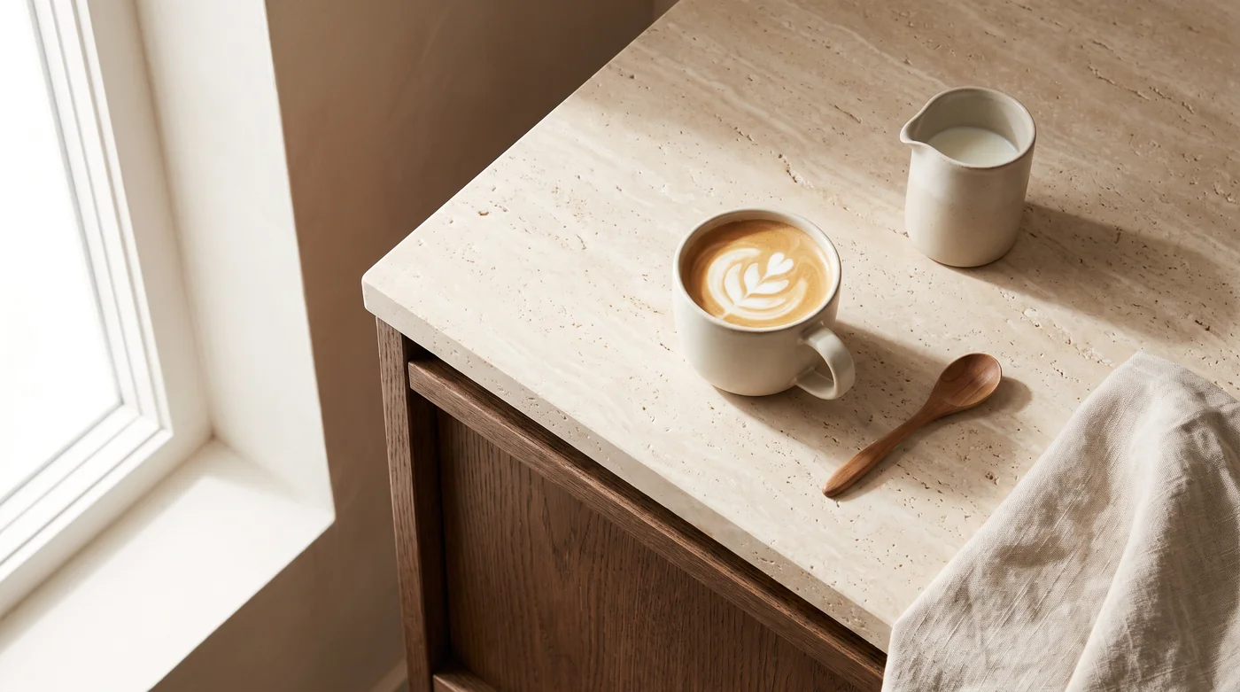 A milk-coffee serving illustration beside a pitcher on the pale stone counter. A milk-coffee serving illustration beside a pitcher on the pale stone counter.