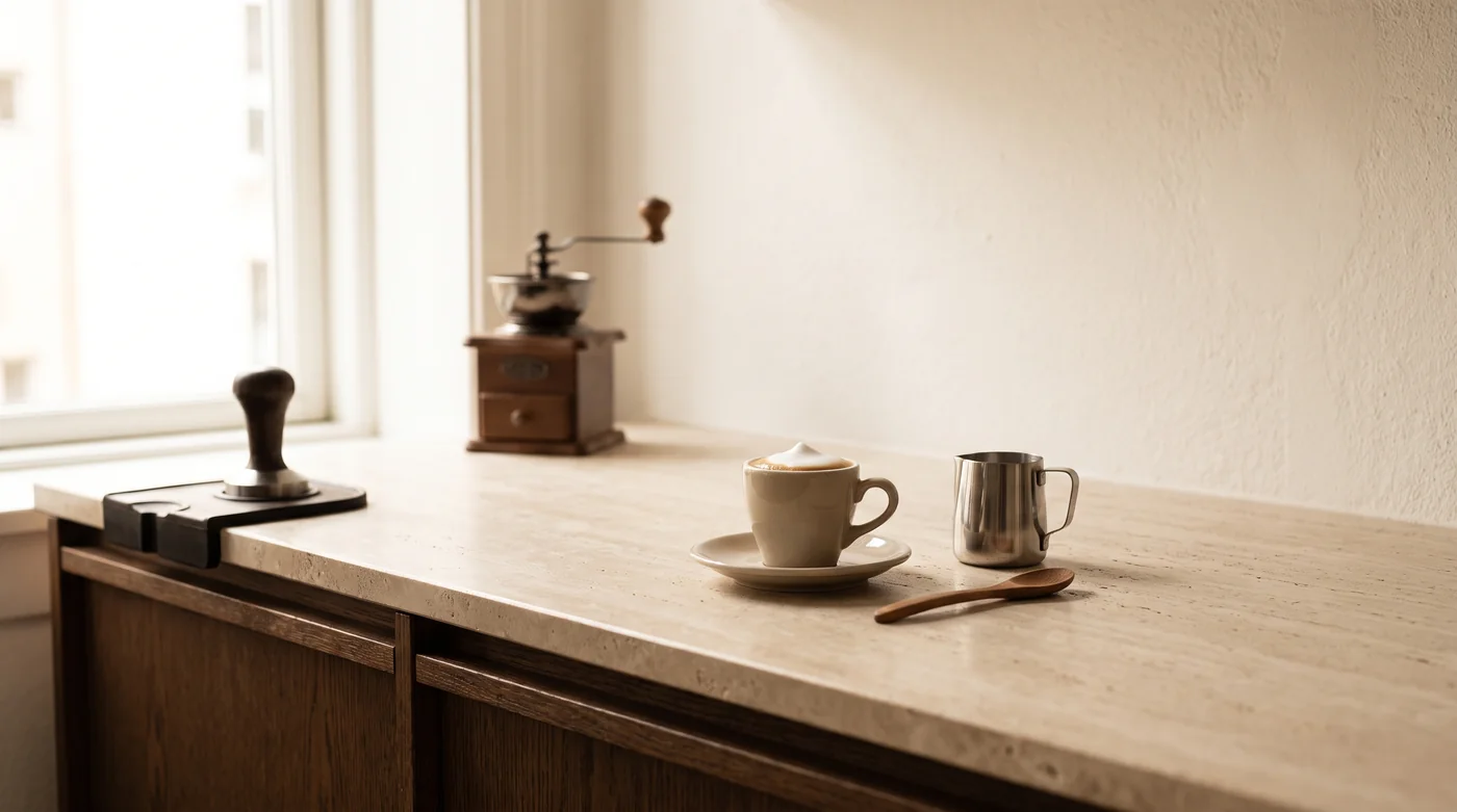 A small espresso cup and preparation tools on the pale stone coffee counter. A small espresso cup and preparation tools on the pale stone coffee counter.