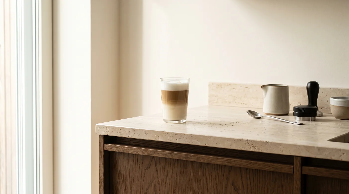 A milk-coffee serving illustration beside a pitcher on the pale stone counter. A milk-coffee serving illustration beside a pitcher on the pale stone counter.