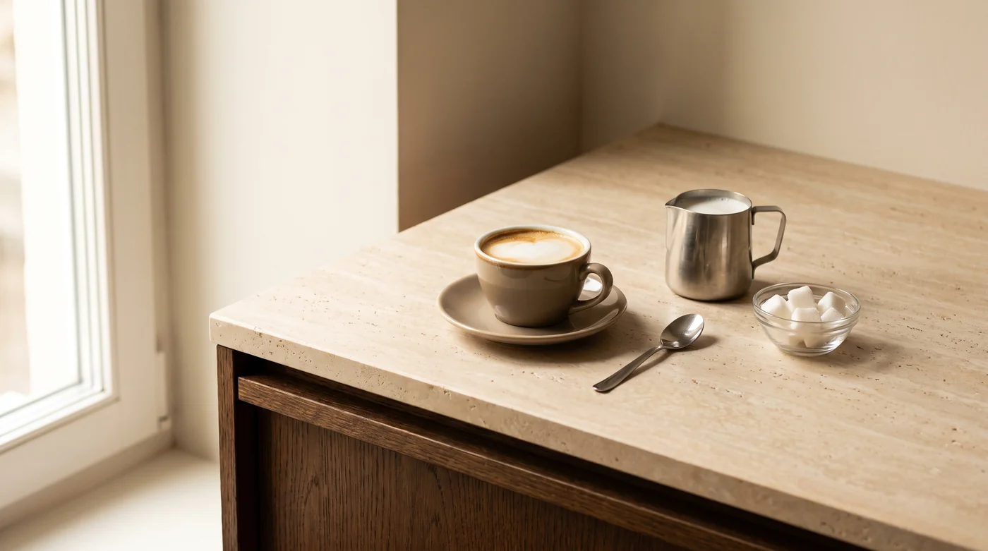 A milk-coffee serving illustration beside a pitcher on the pale stone counter. A milk-coffee serving illustration beside a pitcher on the pale stone counter.