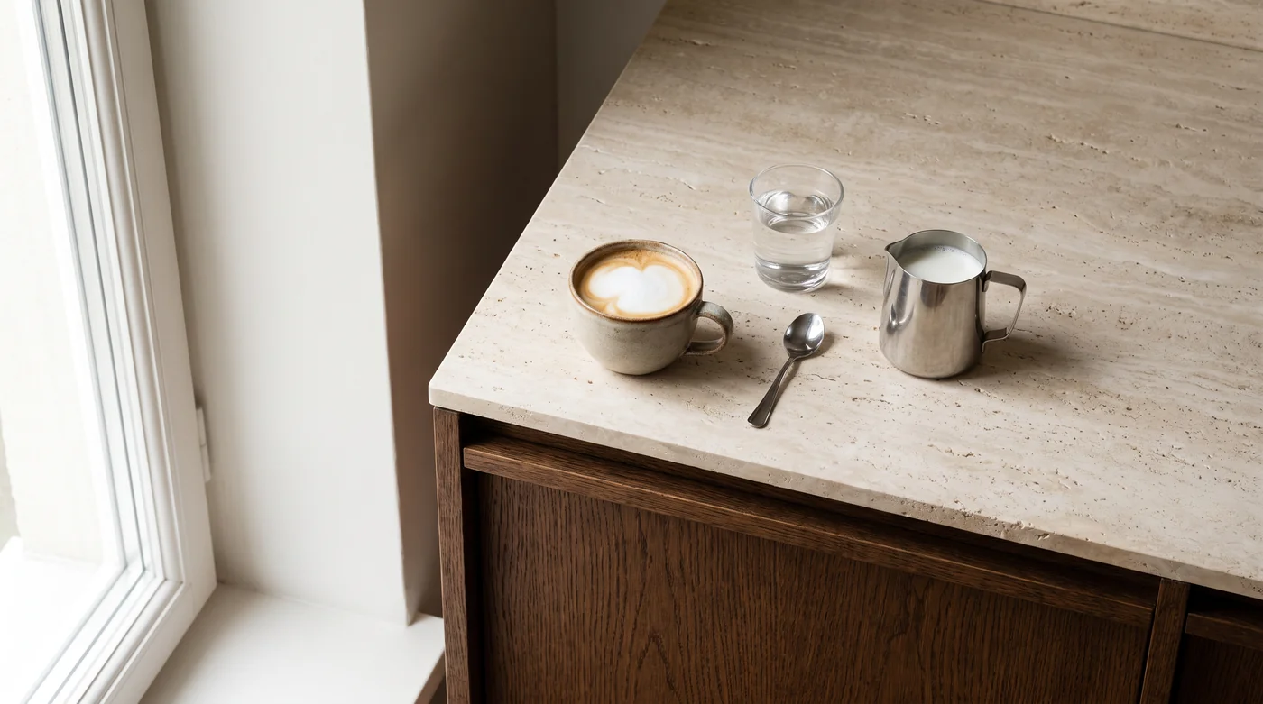 A milk-coffee serving illustration beside a pitcher on the pale stone counter.