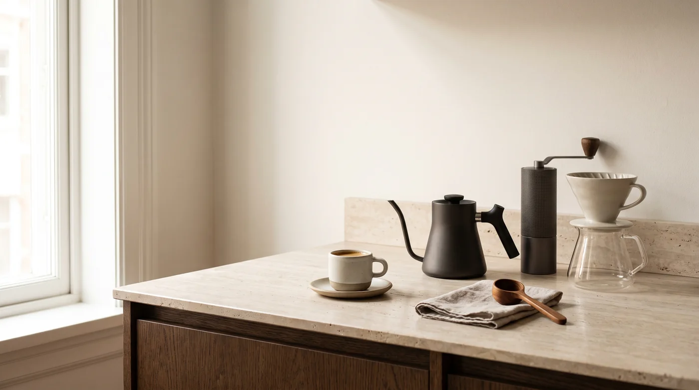 Coffee brewing tools and cups on the pale stone counter beside the window.