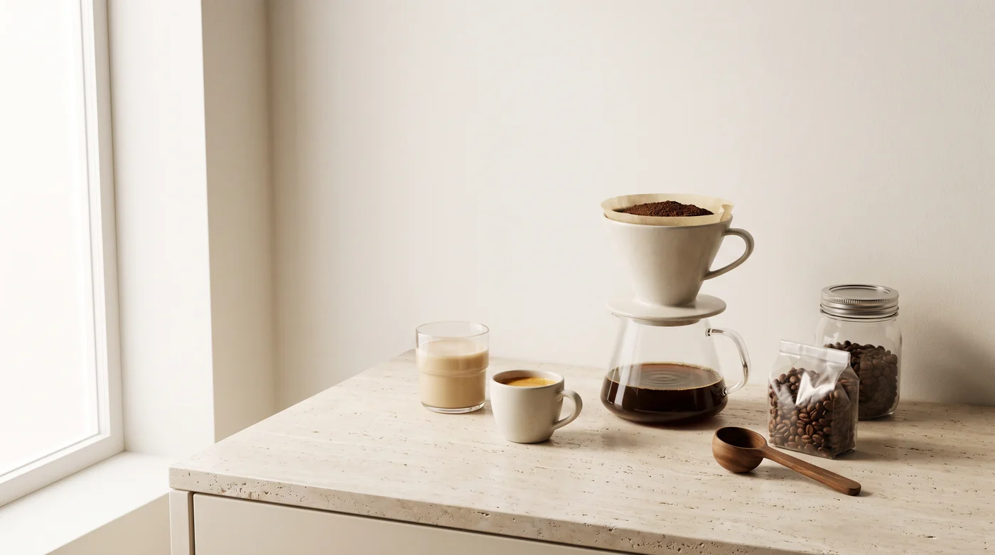 Coffee brewing tools and cups on the pale stone counter beside the window.