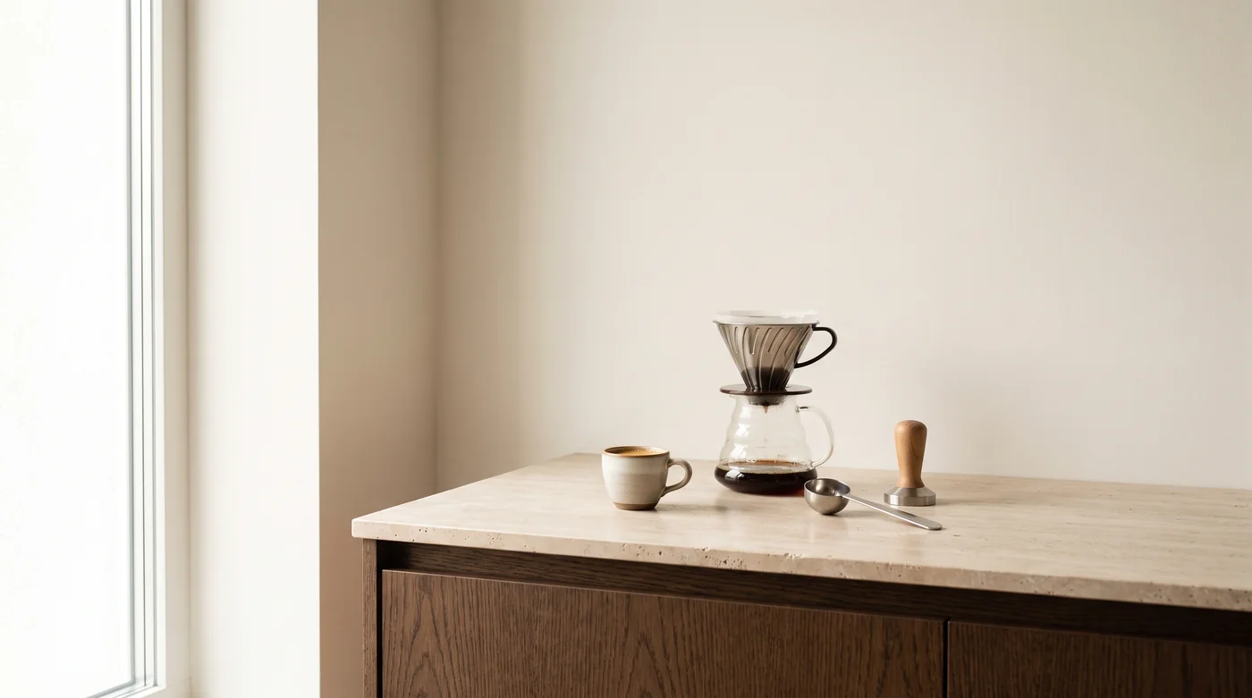 Coffee brewing tools and cups on the pale stone counter beside the window.
