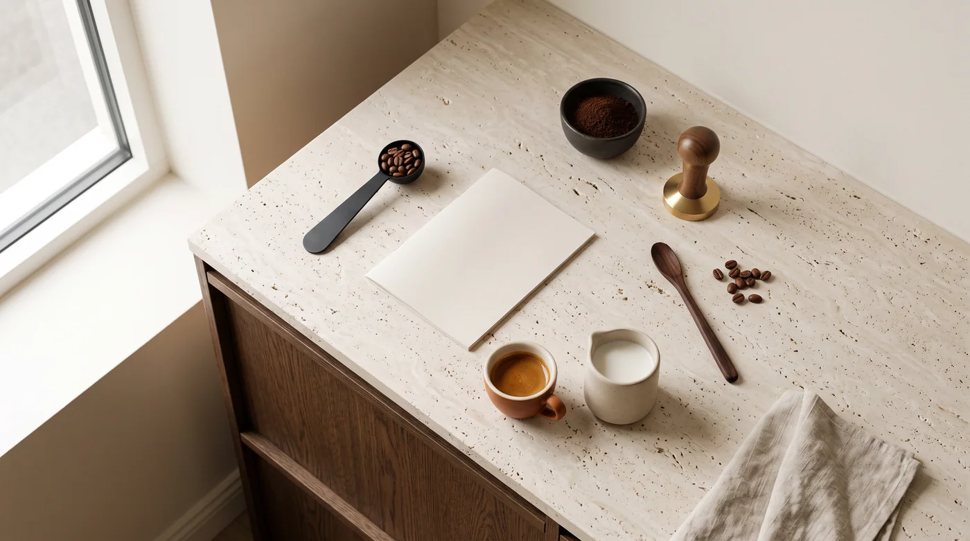Coffee brewing tools and cups on the pale stone counter beside the window.