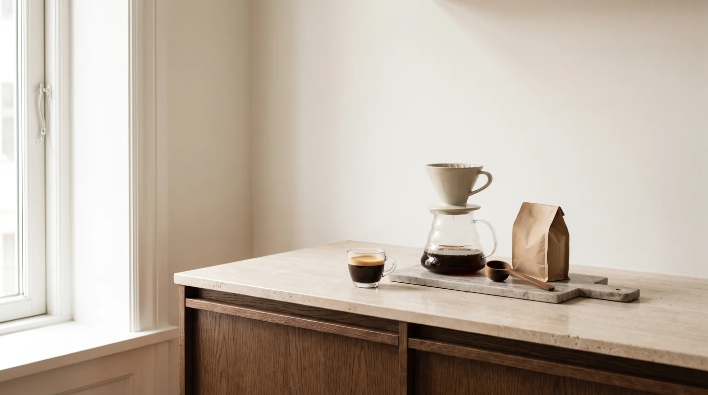Coffee brewing tools and cups on the pale stone counter beside the window.