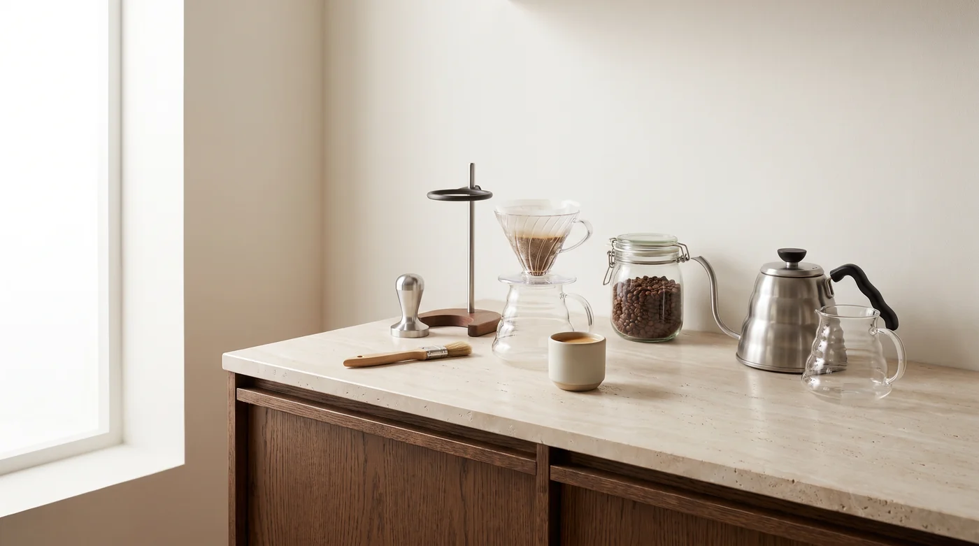 Coffee brewing tools and cups on the pale stone counter beside the window.