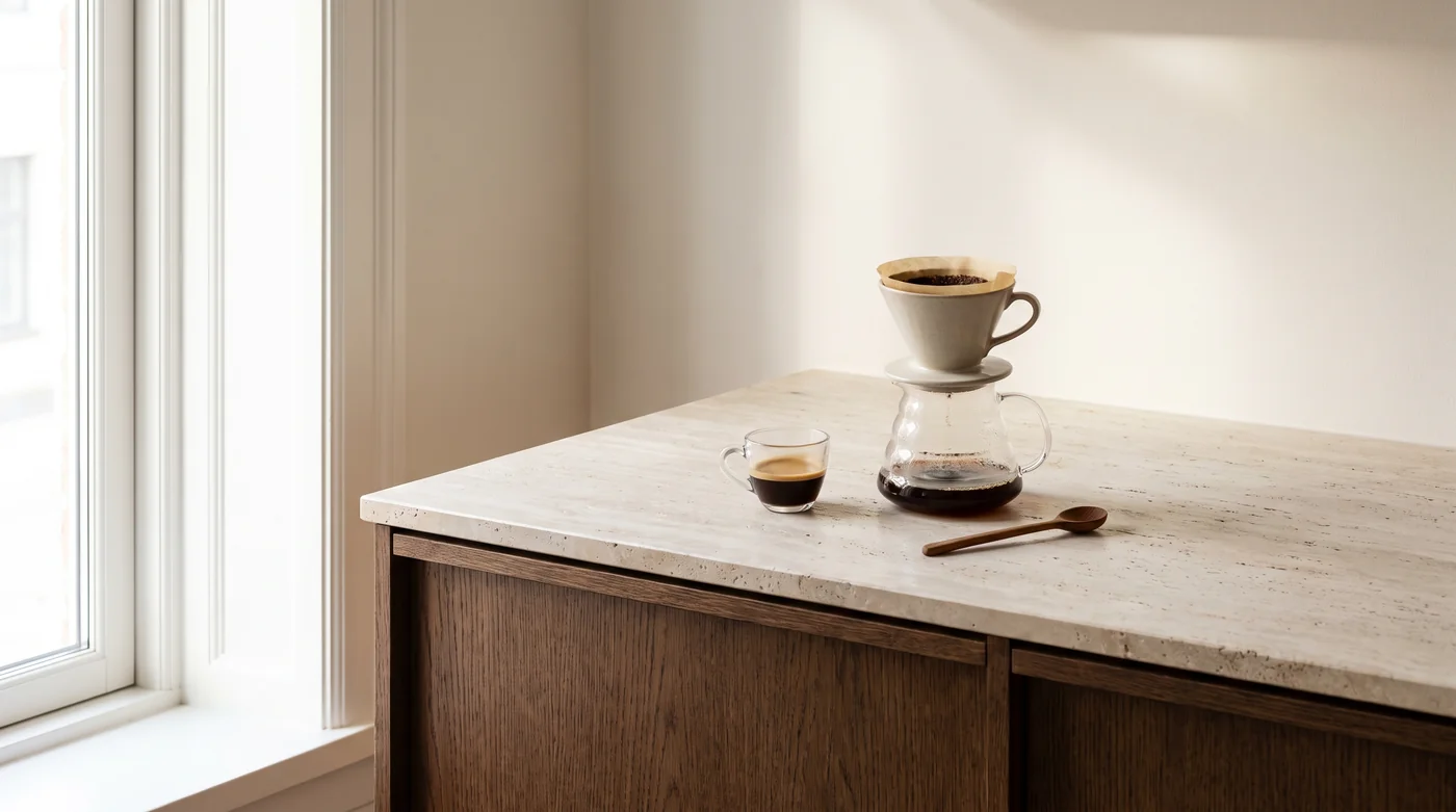 Coffee brewing tools and cups on the pale stone counter beside the window. Coffee brewing tools and cups on the pale stone counter beside the window.