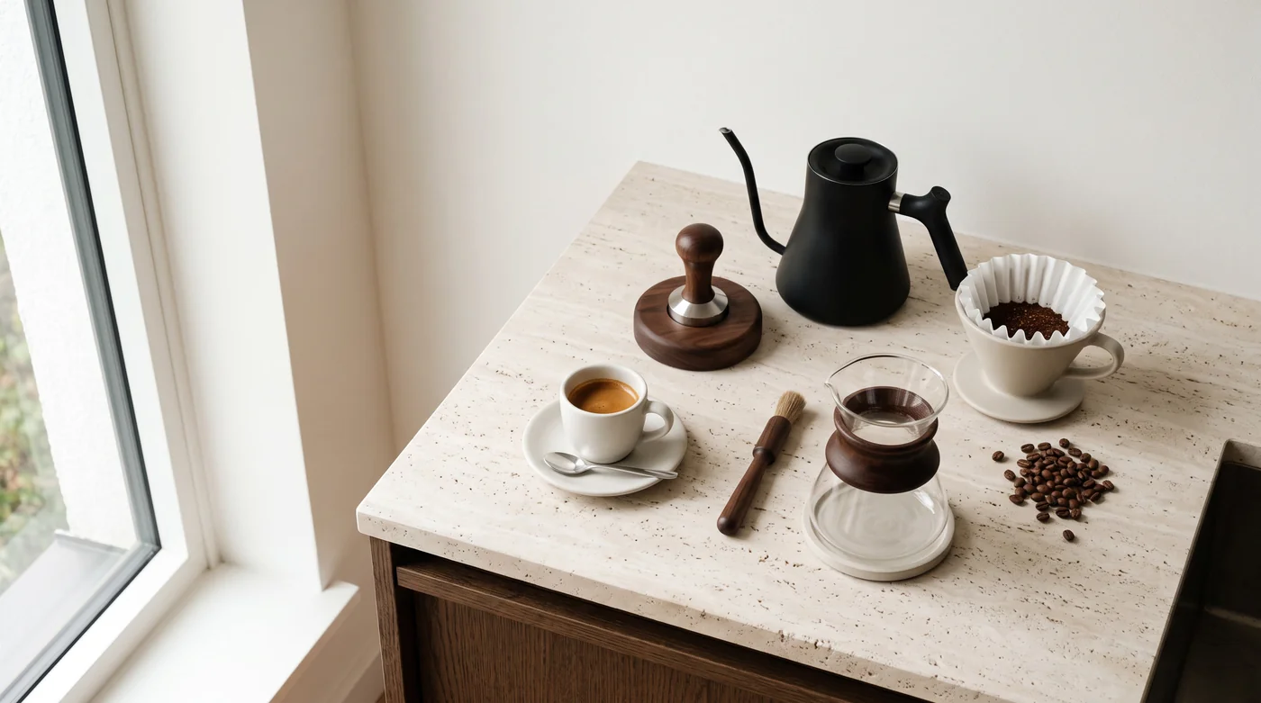 Coffee brewing tools and cups on the pale stone counter beside the window.