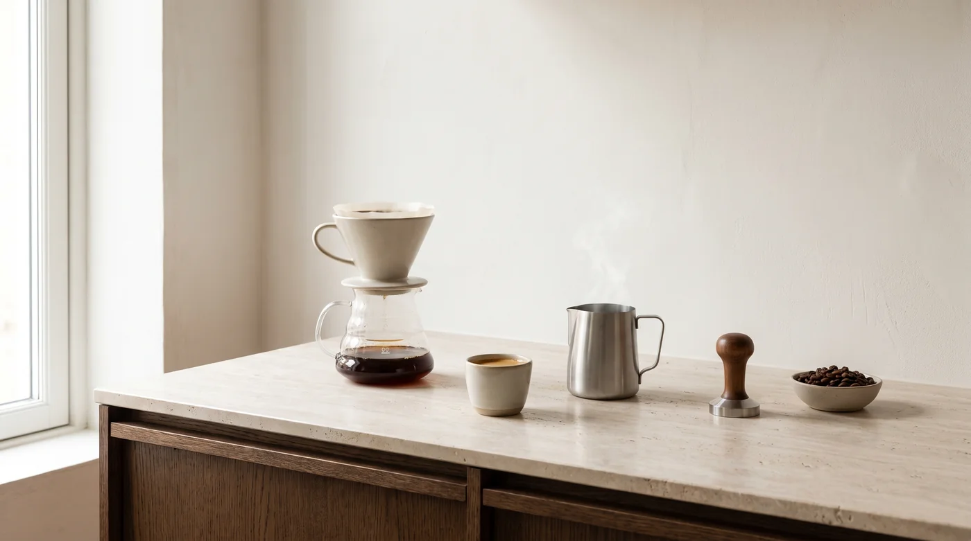 Coffee brewing tools and cups on the pale stone counter beside the window.