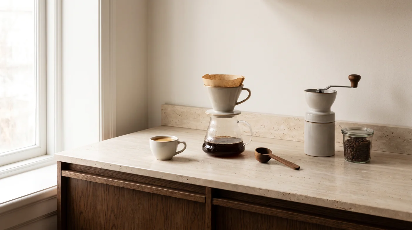 Coffee brewing tools and cups on the pale stone counter beside the window.