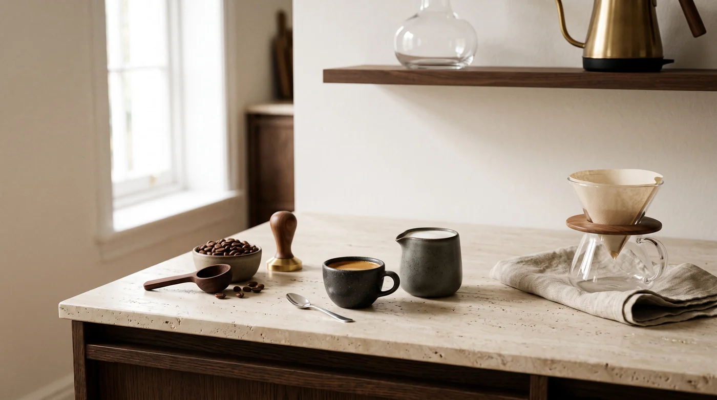 Coffee brewing tools and cups on the pale stone counter beside the window.