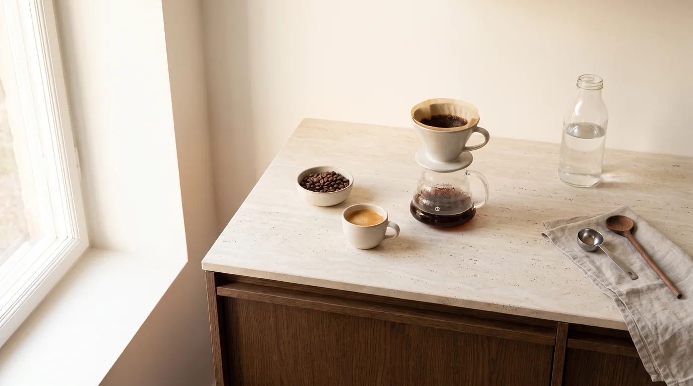 Coffee brewing tools and cups on the pale stone counter beside the window.