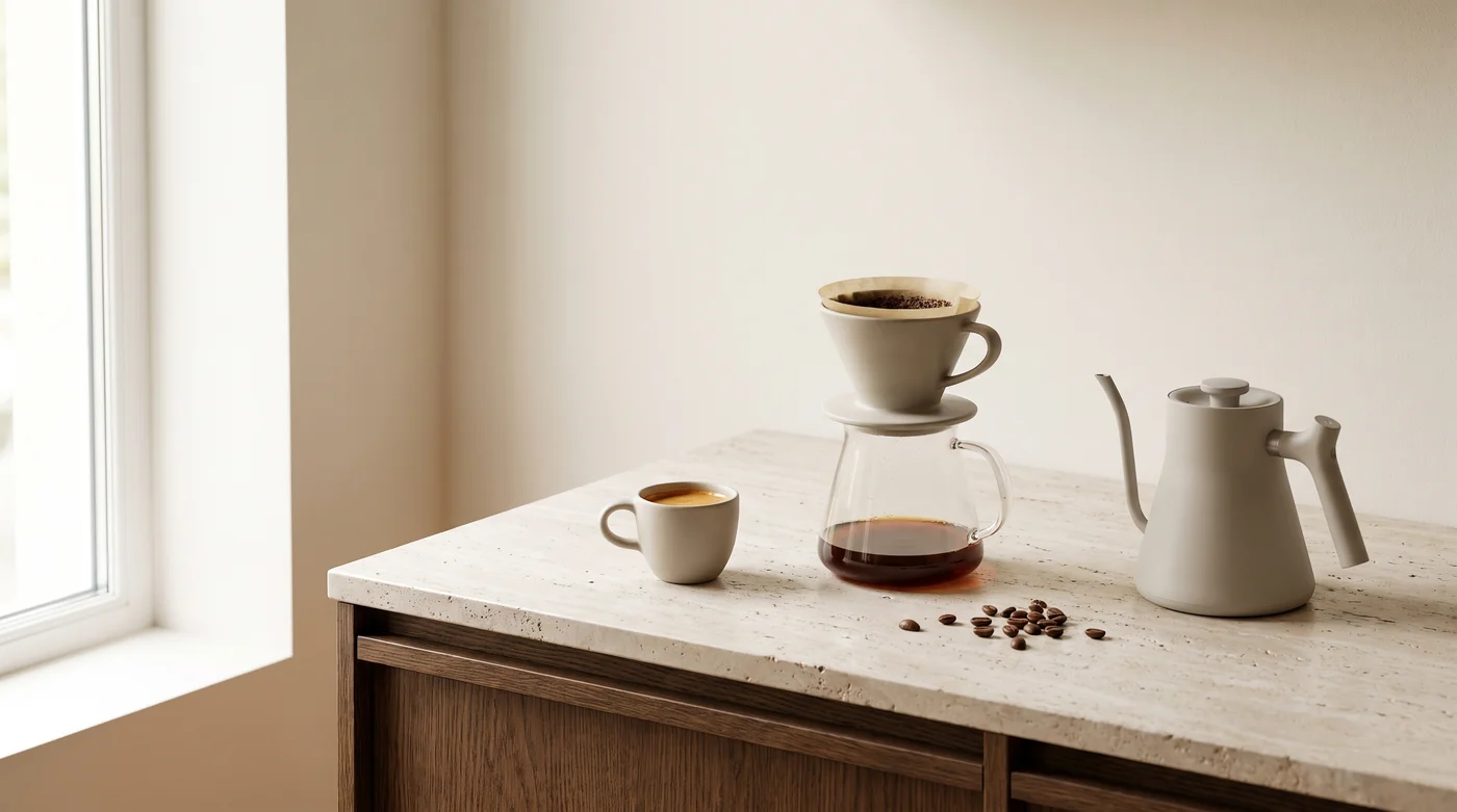 Coffee brewing tools and cups on the pale stone counter beside the window.