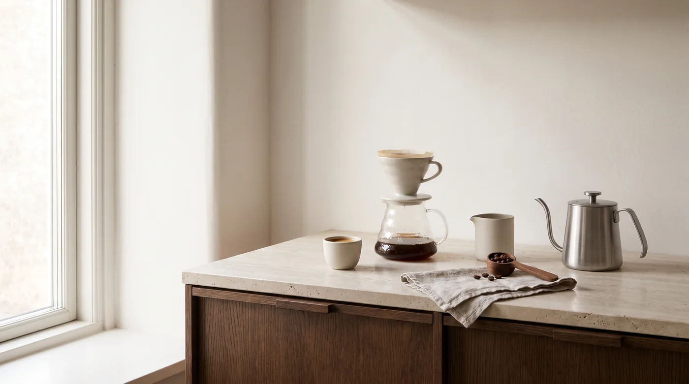 Coffee brewing tools and cups on the pale stone counter beside the window.