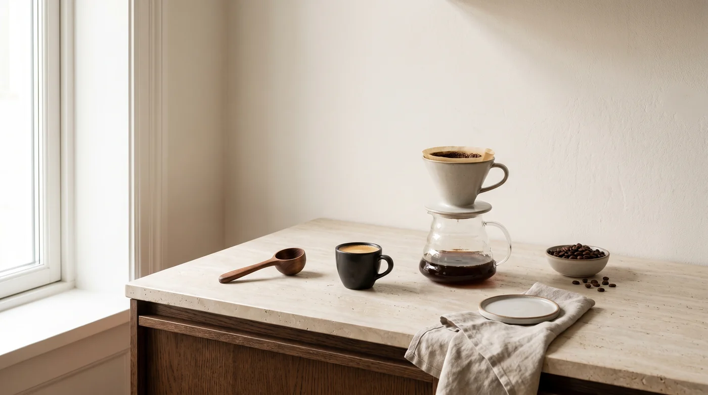Coffee brewing tools and cups on the pale stone counter beside the window.