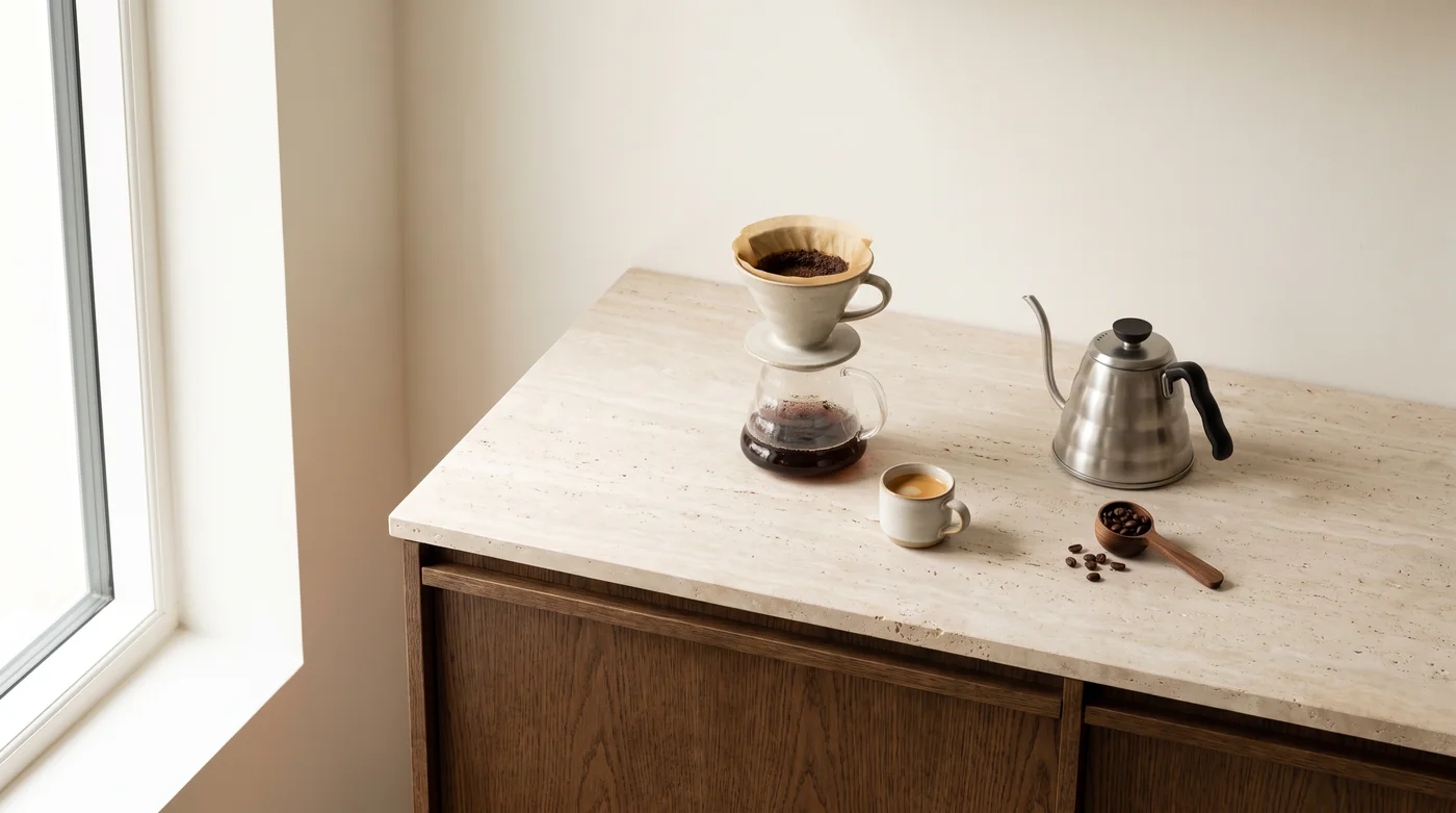 Coffee brewing tools and cups on the pale stone counter beside the window.