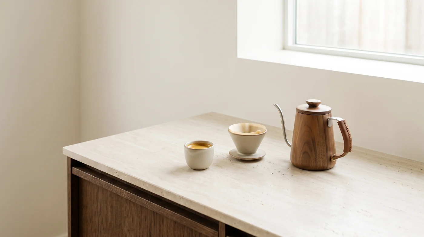 Coffee brewing tools and cups on the pale stone counter beside the window.