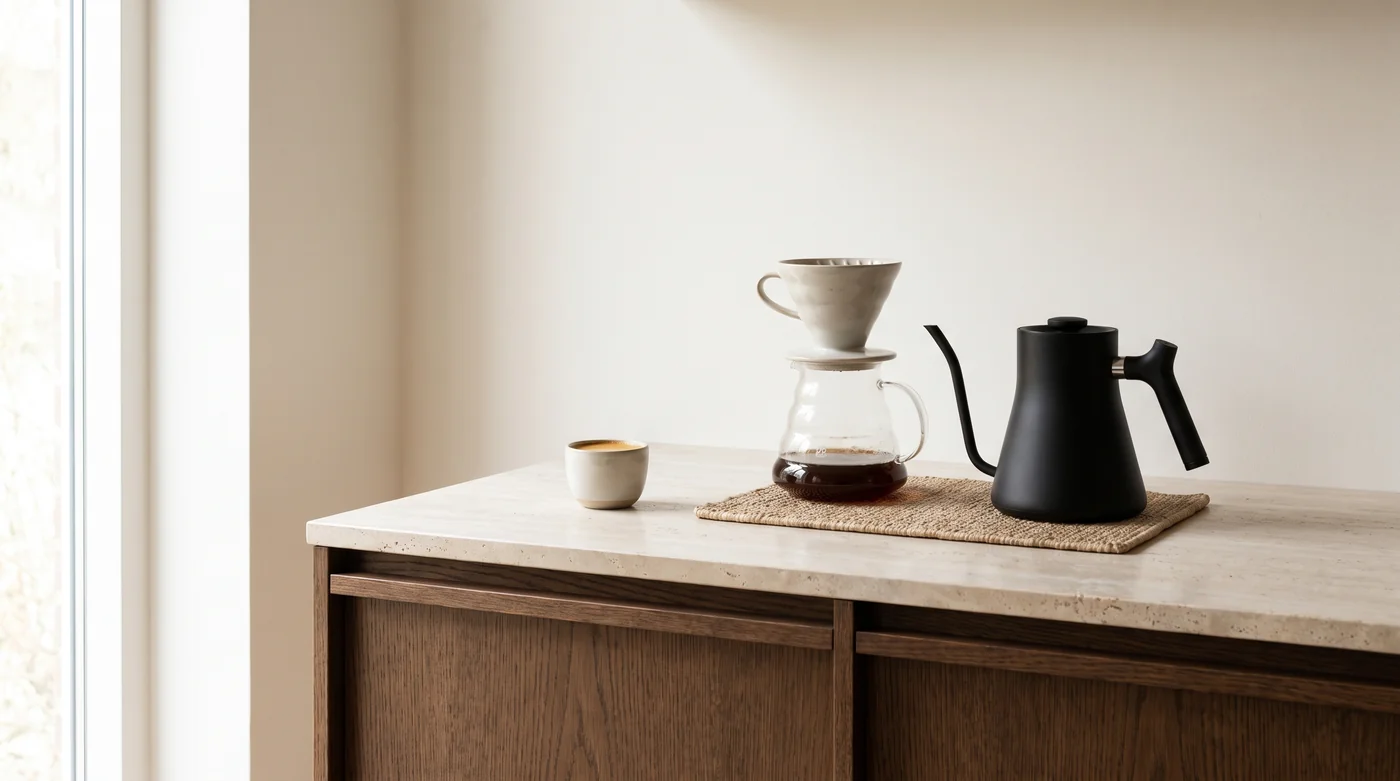 Coffee brewing tools and cups on the pale stone counter beside the window.