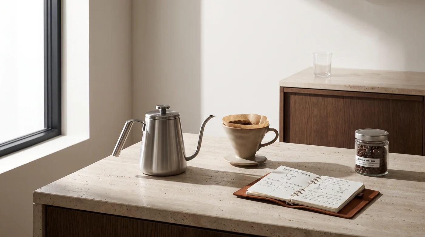Good coffee knowledge travels. A kettle, brewer and coffee notes beside a window.