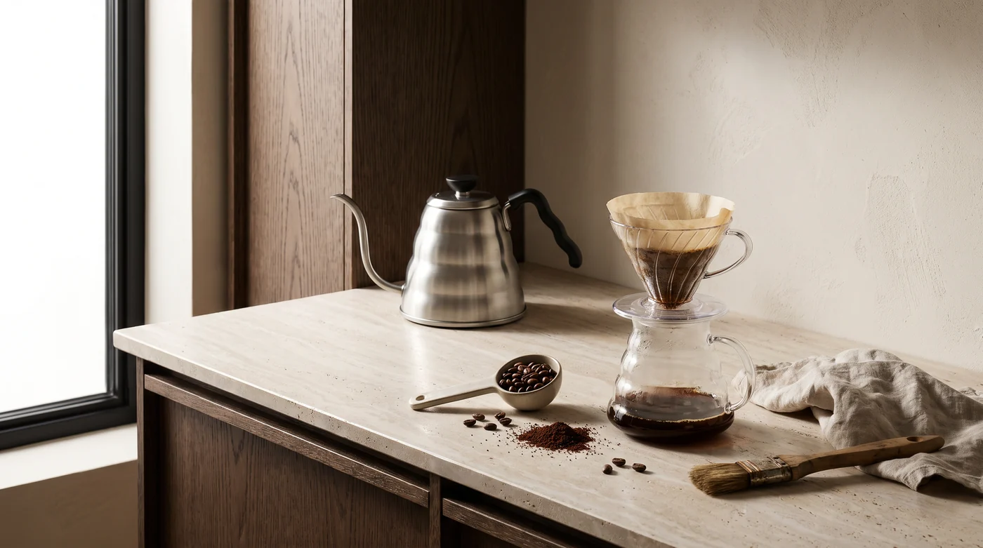A kettle and pour-over brewer on a light stone counter.