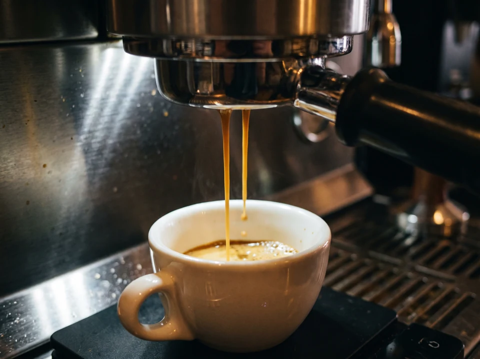 Illustrative espresso extraction into a ceramic demitasse